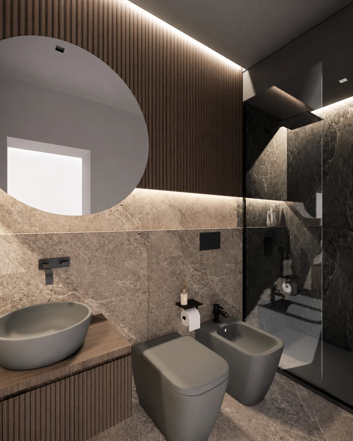 ADP · Bagno in camera · legno e superfici materiche