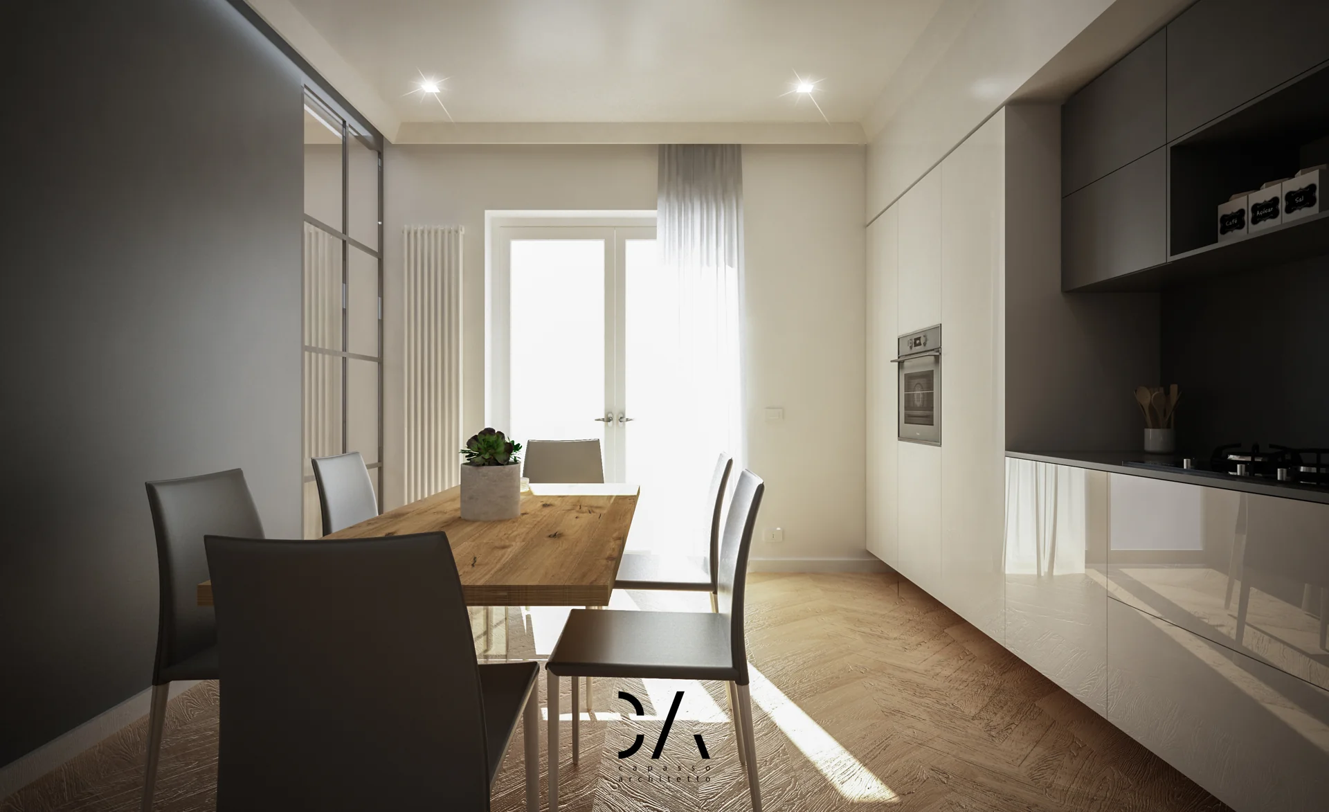 Render del tavolo verso il soggiorno