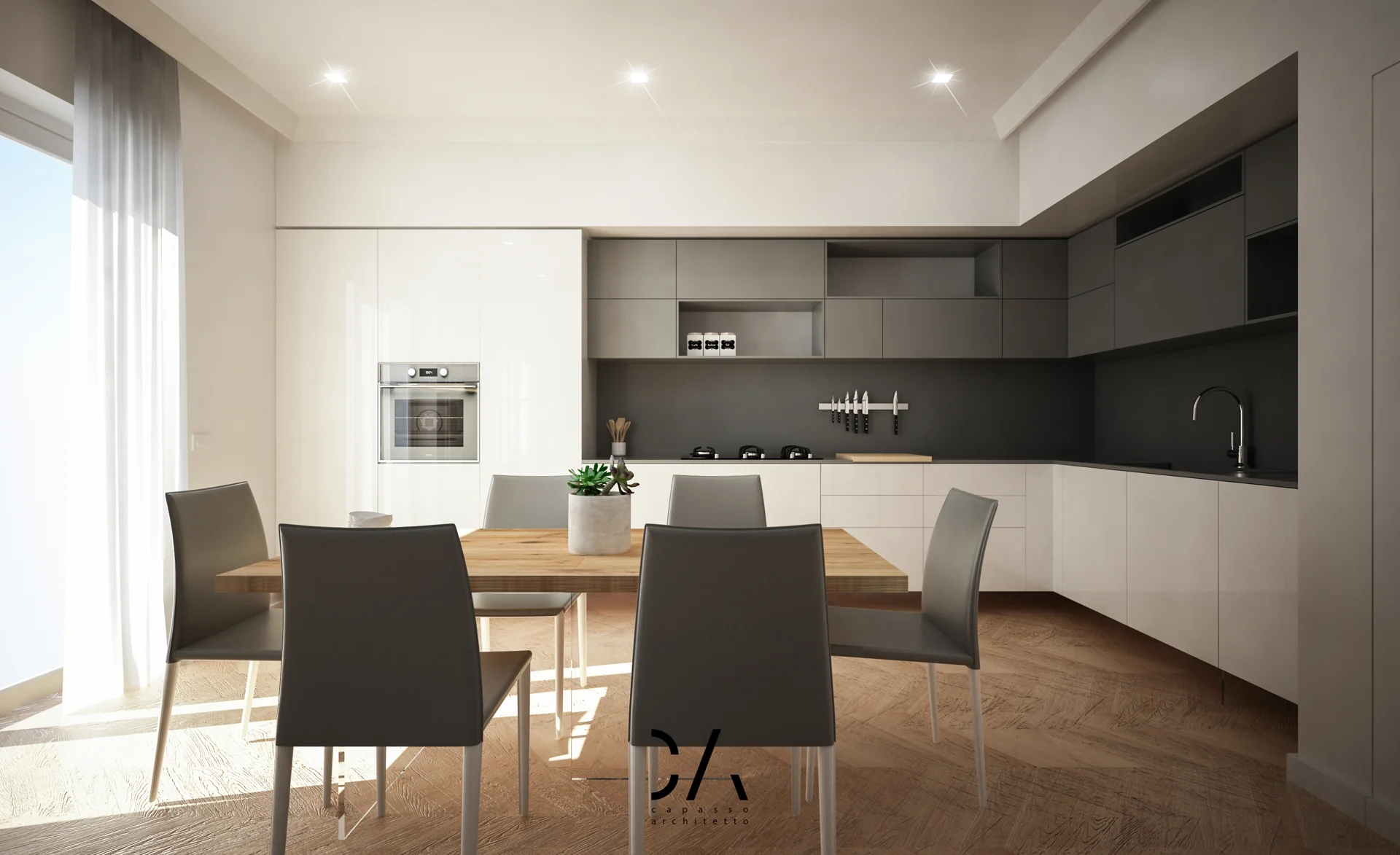 Render frontale della cucina