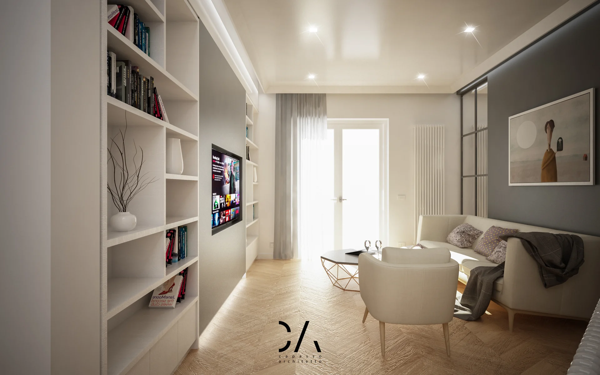 Render del soggiorno con libreria