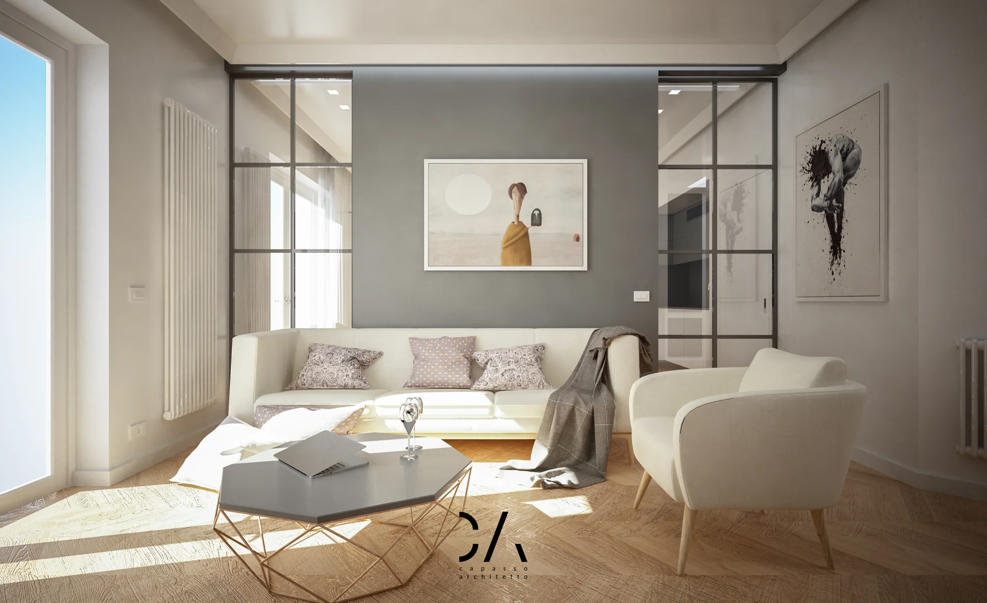 Render del divano e della parete vetrata