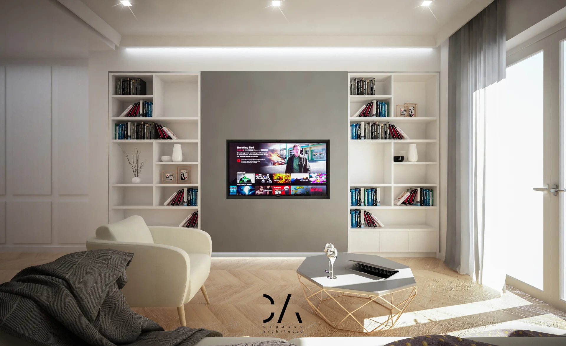 Render della libreria e del soggiorno