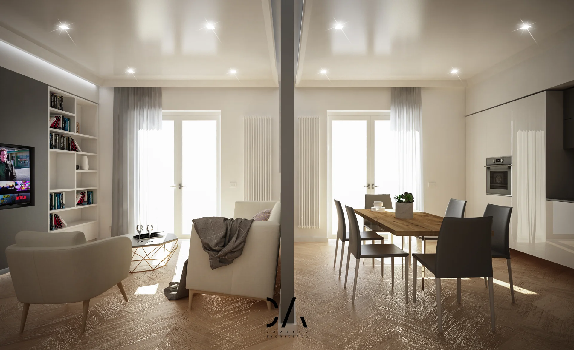 Render del rapporto tra soggiorno e cucina