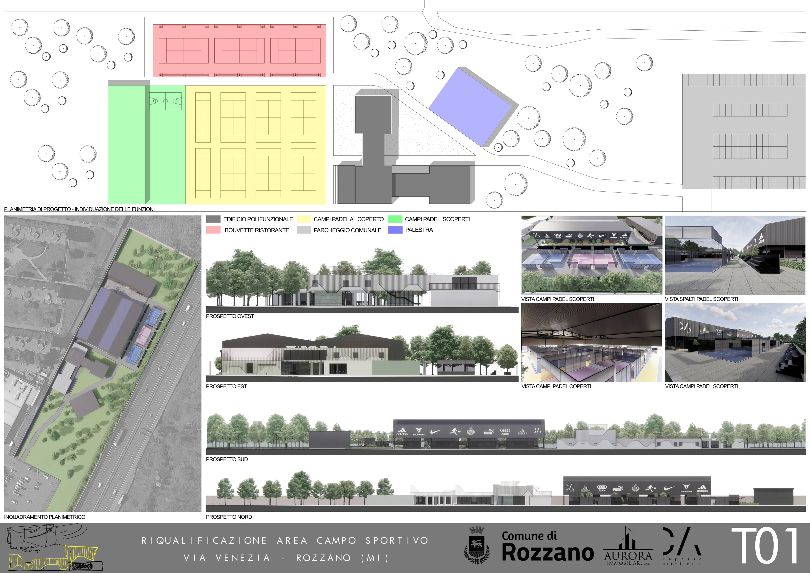 Tavola 01 · Planimetria, funzioni, prospetti e render dei campi · Rozzano Padel Center
